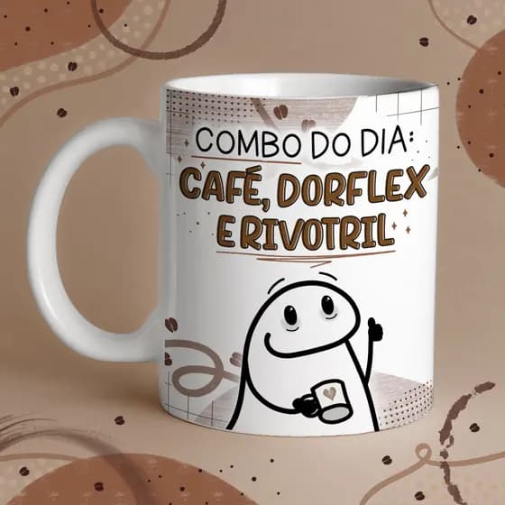 Caneca Flork - Combo do Dia: Café, Dorflex e Rivotril - em Cerâmica 325ml