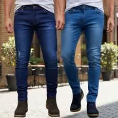 Calça Jeans Masculina Kit Com 2 Slim Fit Premium Lycra Azul Marinho e Clara