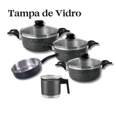 Jogo de Panelas 5 Peças Preto com Tampa de Vidro – Panelas 16/18/20 + Frigideira 20 + Caneco 12