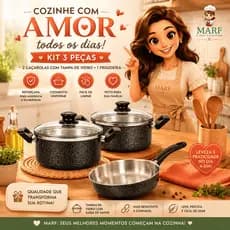 Panelas Caçarola Reforçada Kit 3 Peças e com Tampa de Vidro Tamanho N°16 e 18 Preto + Frigideira Preto