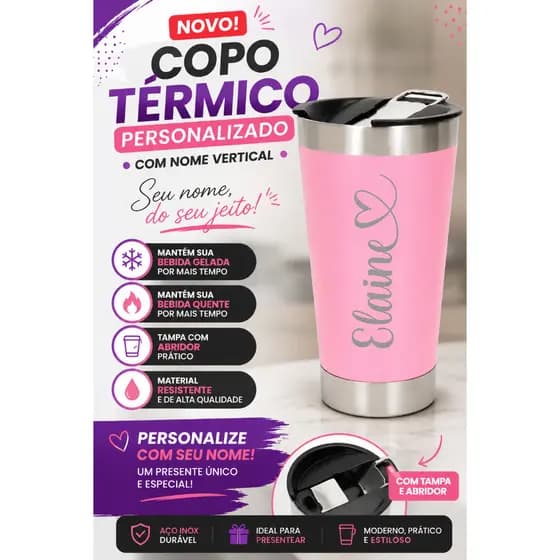 Copo Térmico Personalizado COM NOME VERTICAL 473ml com tampa e abridor.