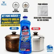 Kit Pano Mágico + Produto Brilha Alumínio e Inox Limpeza Pesada Remove Gordura Deixa Panelas Como Novas 500ml
