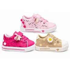 Tênis Infantil Feminino Branco e Rosa Confortável com Velcro Estampado Corações Menina