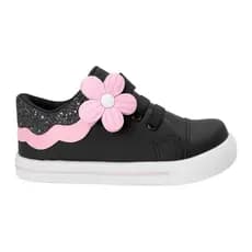 Tênis Infantil Menina Tralala Preto com Flor Rosa Glitter Escolar Confortável Casual Fashion