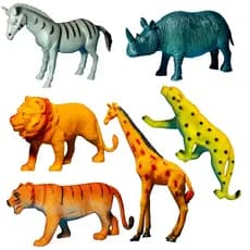 Kit 6 Brinquedo Animais Safari Selvagem Borracha Miniaturas Leão Rinoceronte Girafa Zebra