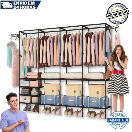 Arara Armário Com Sapateira Cabideiro E Prateleiras Preto Guarda Roupa Portátil Multifuncional Arara  Roupa Cabideiro