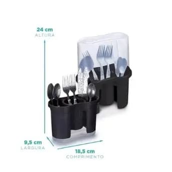 OFERTA Porta Talheres Com Tampa Escorre - Guarda 3 Divisórias Preto Nitron