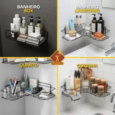 Kit 3 Suporte Organizador Para Banheiro Shampoo Prateleira Adesivo Parede Metal Uma Reta Duas Prateleiras De Canto