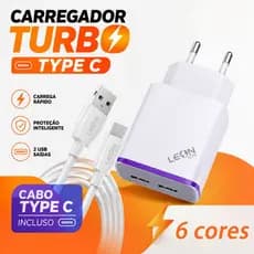 Carregador Turbo 2 Saídas USB + Cabo Tipo C Carga Rápida Proteção Inteligente Varias Cores 8034