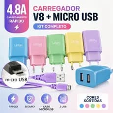 Carregador 4.8A Dupla USB + Cabo Micro USB Carga Rápida Seguro Cores Macaron Variadas 8043