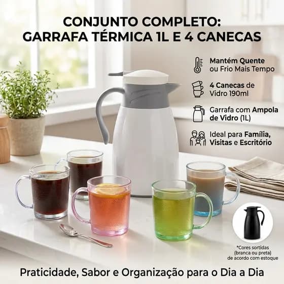 Kit Garrafa Térmica 1L Café Com 4 Canecas Copos Xícaras Conjunto Bule Mesa Cozinha Completo