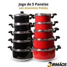 Jogo De Panelas 5 Peças Alumínio Polido Com Tampa De Vidro Caçarola 16 A 24