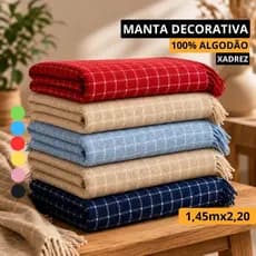 Manta Para Sofá Xadrez Decorativa 1,45x2,00 100% Algodão Confortável Macia Várias Cores e Estampas