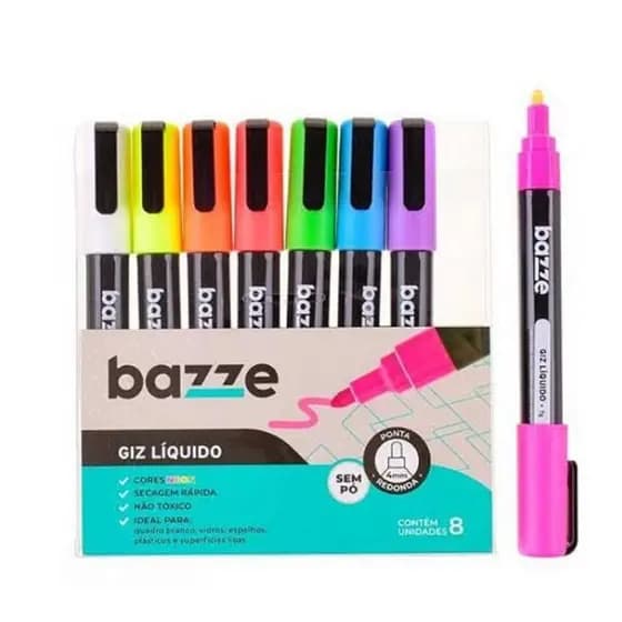 kit Caneta Giz Liquido 8 cores neon para quadro branco vidros 4mm apagável bazze