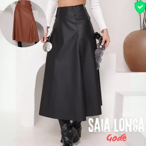 Saia Longa Feminina - Moda Evangélica Saia Feminina Courino Saia Godê Rodada Couro Fake