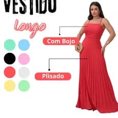 Vestido Longo Feminino Plisado Tecido Luis Twill Premium Vestido Soltinho Com Bojo