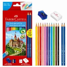 Lápis de Cor Faber Castell Kit Escolar 12 Cores Original Borracha Apontador