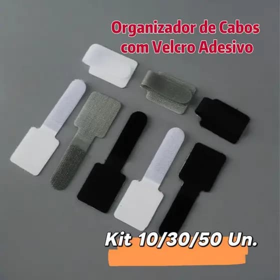 Kit 10/30/50 un. Organizador de Cabos e Fios com Velcro Adesivo – Preto/Branco/Cinza