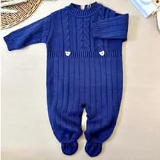 Macacão de Bebê Trançado Roupa Tricot Ursinho Saída Maternidade RN Azul Marinho Menina Menino