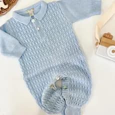 Macacão bebê liso Roupa Tricot Saída Maternidade Azul Claro Moda Infantil Menino Menina Polo