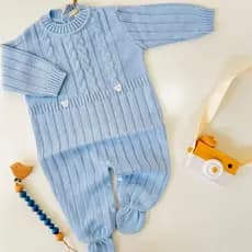 Macacão Bebê Trançado Roupa Azul Claro Tricot Ursinho Saída Maternidade Recém Nascido Menina Menino