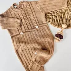 Macacão de Bebê Trançado Roupa Caramelo Tricot Ursinho Saída Maternidade Recém Nascido Menina Menino