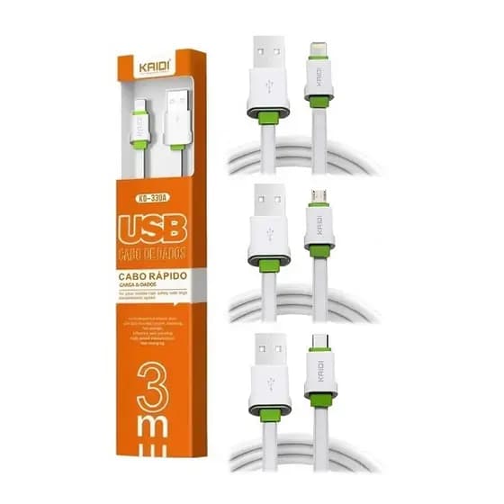 Cabo USB 3M Lightning / Micro-V8 / Tipo-C Kaidi