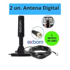 Antena Digital TV Amplificada HDTV/UHF Interno/Externo Cabo1.5m/5m Som/Imagem Base Imã 4dBi Exbom