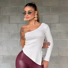 Blusinha Manga Longa Assimétrica Um Ombro Mula Manca Basica Blusa Ribana Elegante Caimento perfeito Canelado