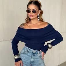 Blusa manga longa Ombro a Ombro Decote com babado inverno tendência