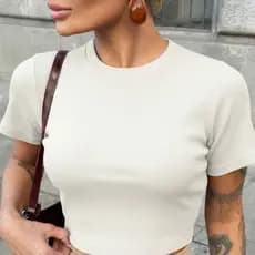 Cropped Feminino Manga Curta Canelado Premium