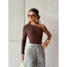 Blusinha Manga Longa Assimétrica Um Ombro Mula Manca Basica Blusa Ribana Elegante Caimento perfeito