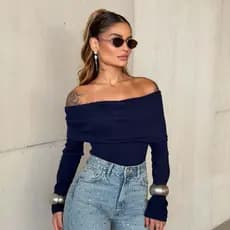 Blusinha Feminina Ombro a Ombro Manga Longa Ribana Canelada Blusa