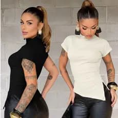 Kit 2 Blusa Feminina Assimétrica Ribana Canelada, Básica, Moda Luxo, Chic e Confortável