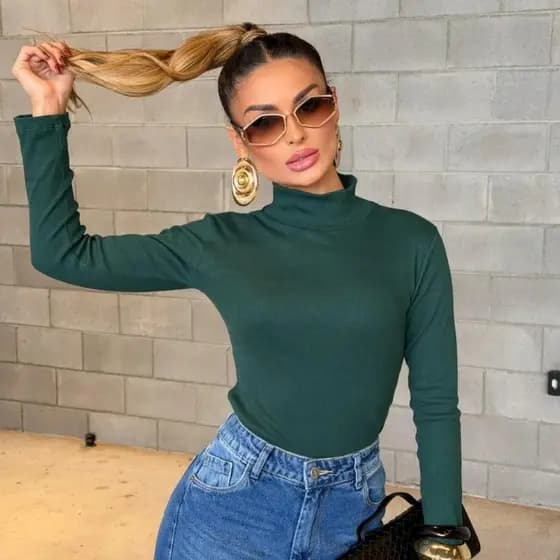 Blusa Gola Alta Manga Longa Tendência Moda Feminina Inverno Casual Gringa Estilosa Básica