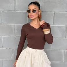 Blusa Feminina Manga Longa Canela Gola V