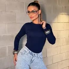 Blusa Feminina Manga Longa Canelada Gola Careca Tecido Ribana Premium