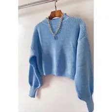 Blusa Cropped Tricot  Feminina Ponto Fang Manga Bufante Gola alta Redonda  Inverno