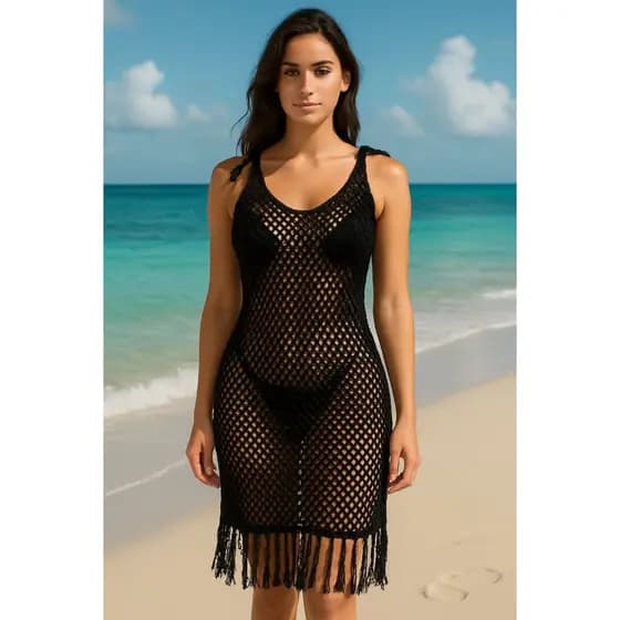 Saida de Praia Tricot Rendada Com Lurex Com Amarração e Franjas Verão