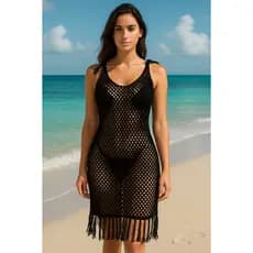 Saida de Praia Tricot Rendada Com Lurex Com Amarração e Franjas Verão