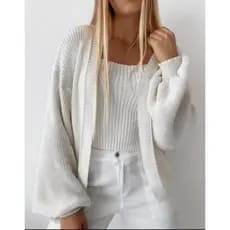 Casaco  Tricot Cardigan Feminino Ponto Fang Manga Longa Bufante Inverno