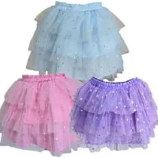 Saia tule metálico três babados - ideal para festas, passeios e fantasias.