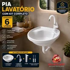 Kit Completo Pia Lavatório 6L 4 Peças Cuba Plástico Torneira Sifão Válvula Acoplada Bucha Parafuso de Banheiro