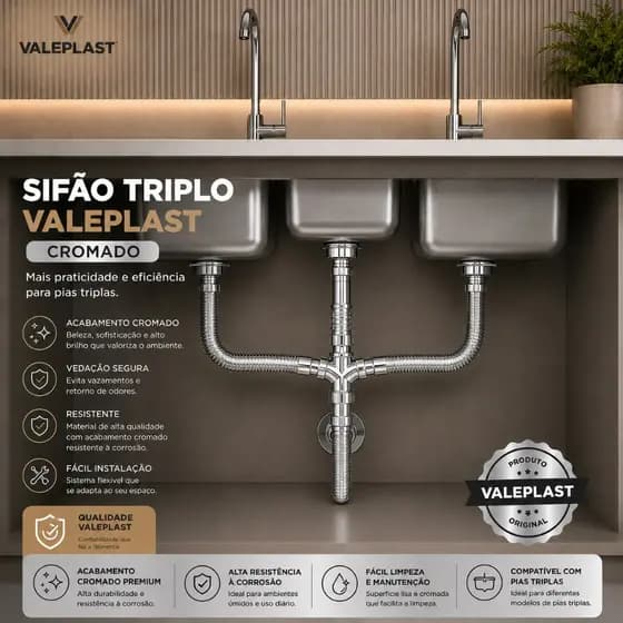 Sifão Sanfonado Triplo Universal Flexível Cromado Ajustável Branco Preto para Pia Lavatório Tanque Cozinha Banheiro