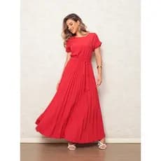Vestido feminino longo elegante soltinho com detalhe plissado e cintura marcada para jantar trabalho ou fim de semana
