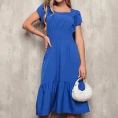 Feminino Vestido Com Decote Quadrado E Elástico Na Cintura Vestido Caimento Solto E Leve Casual Tecido Em Crepinho