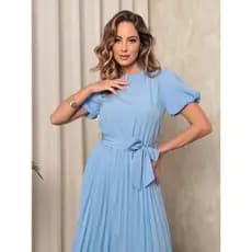 Vestido Midi Feminino em Crepinho - Mangas Bufantes, Saia Plissada e Cinto Ajustável - Toque de Elegância e Sofisticação