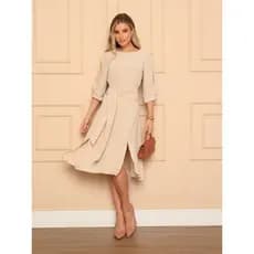Conjunto Feminino Em Tecido Duna - Saia Midi Com Alça de Cintura e Blusa Com Manga e Decote Redondo