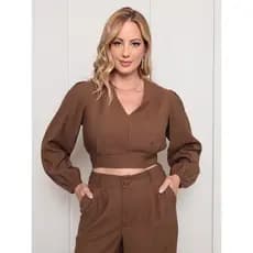 Conjunto Feminino Moderno Com Blusa Cropped De Manga Comprida E Calça Pantalona Elegante Cintura Alta Ideal Escritório