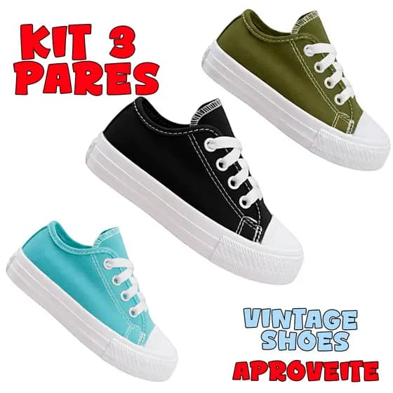kit 3 Pares de tênis star Casual Escolar Infantil Unissex Masculino Feminino
